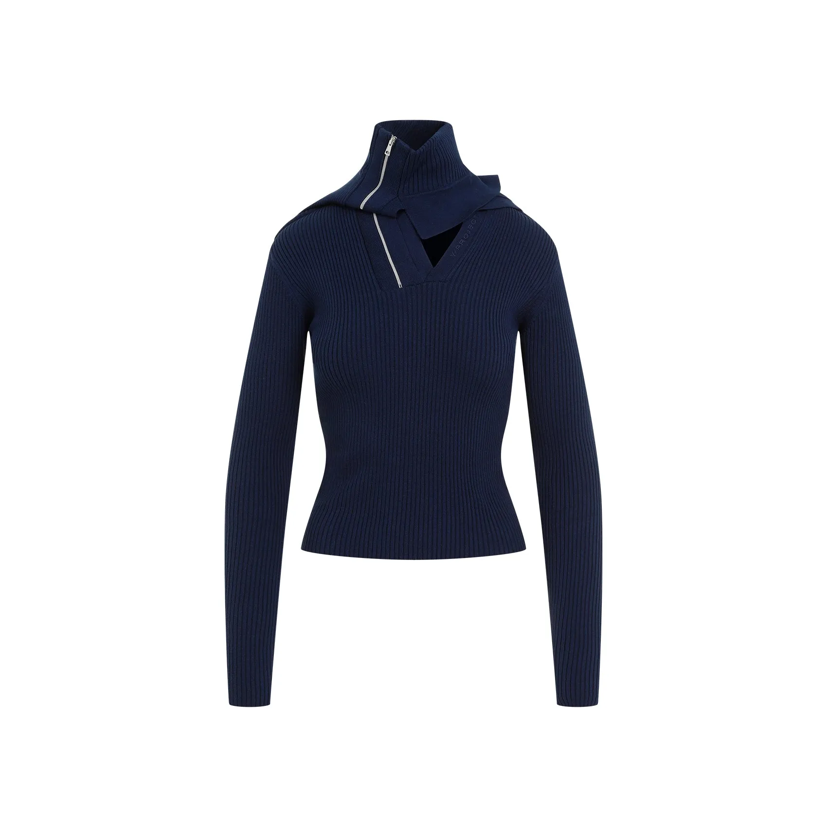 Navy-Blue Organic Cotton Pinched Shoulder Fitted Pullover