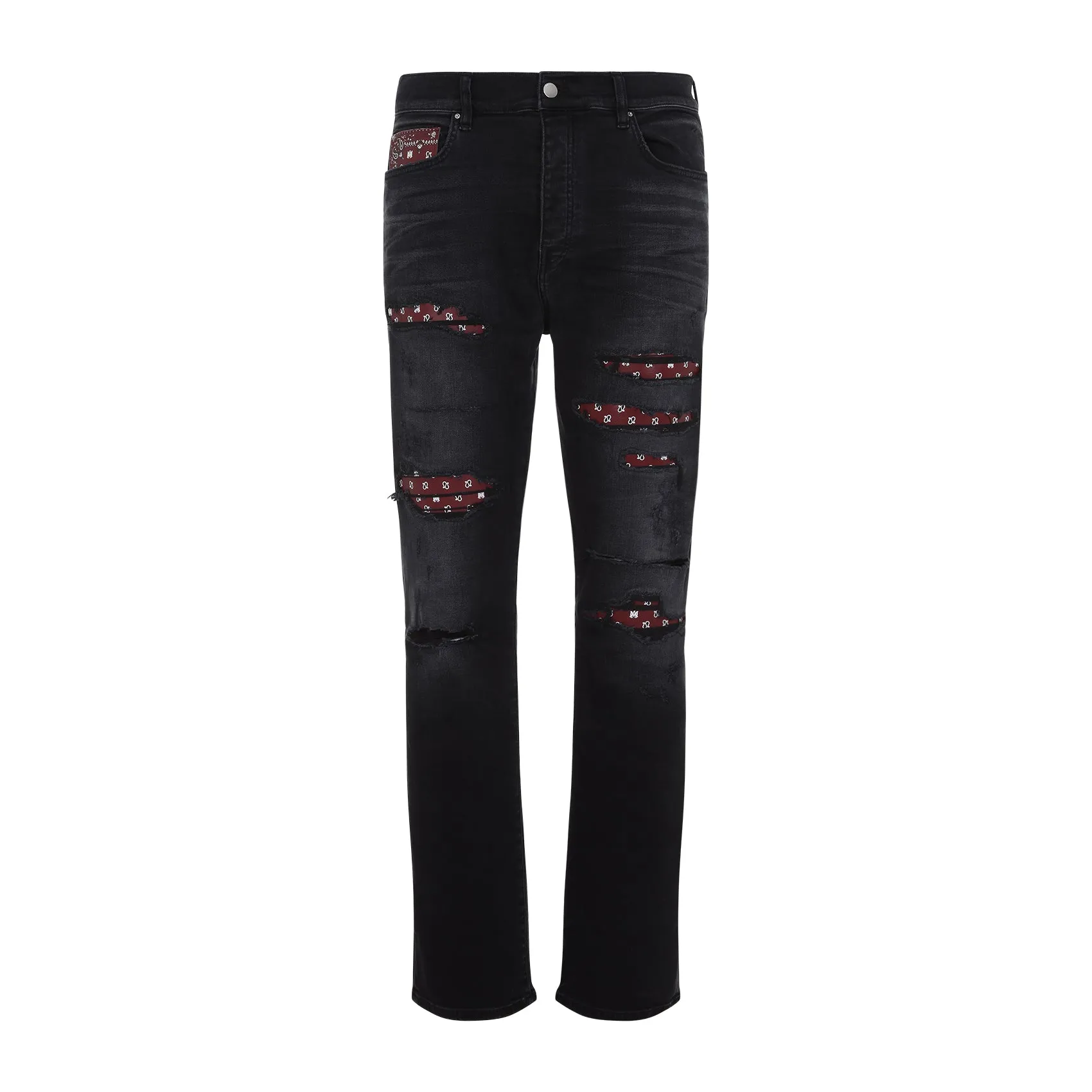 Vintage Black Cotton Leather Bandana Repaired Slim Jeans