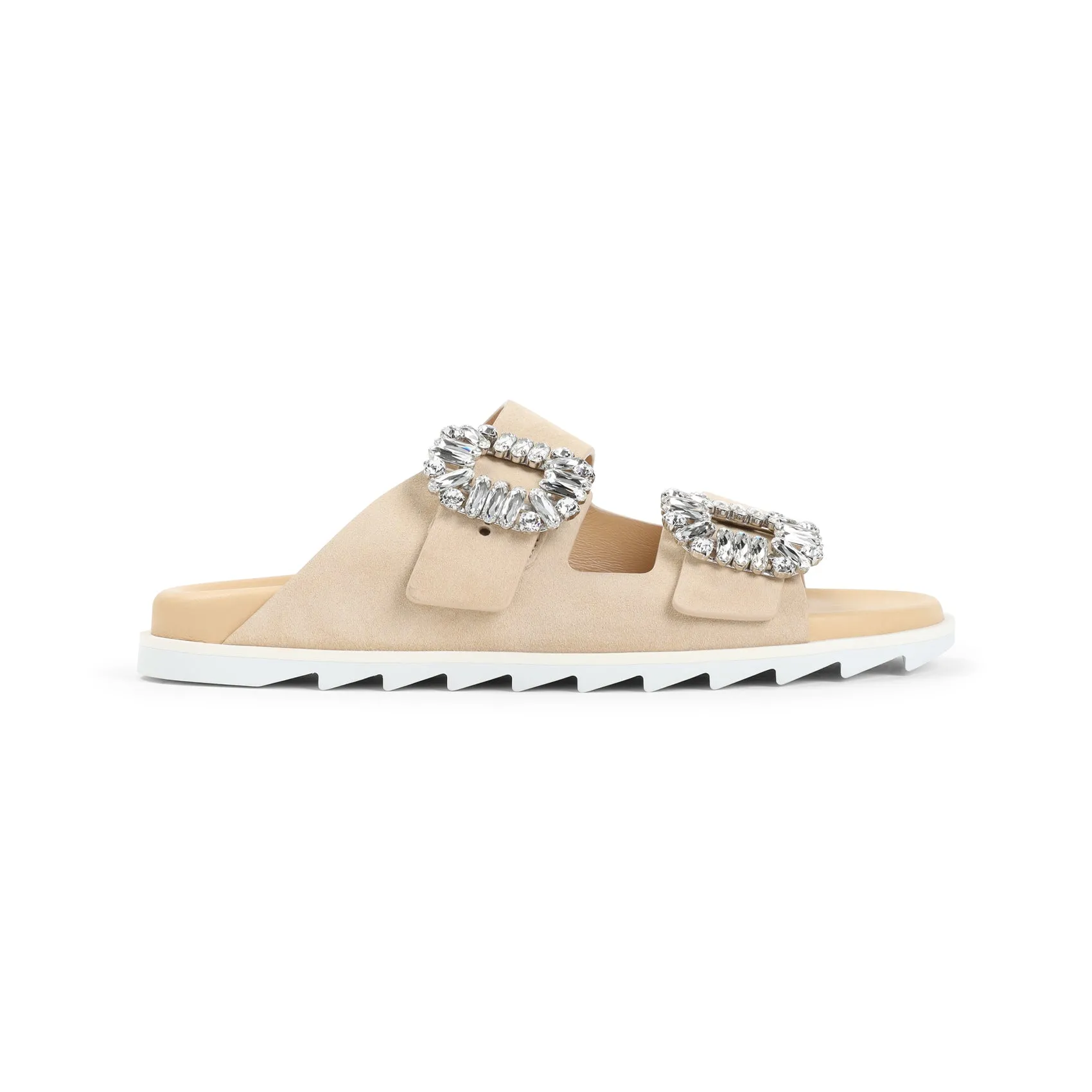 Beige Slidy Strass Buckle Suede Sandals