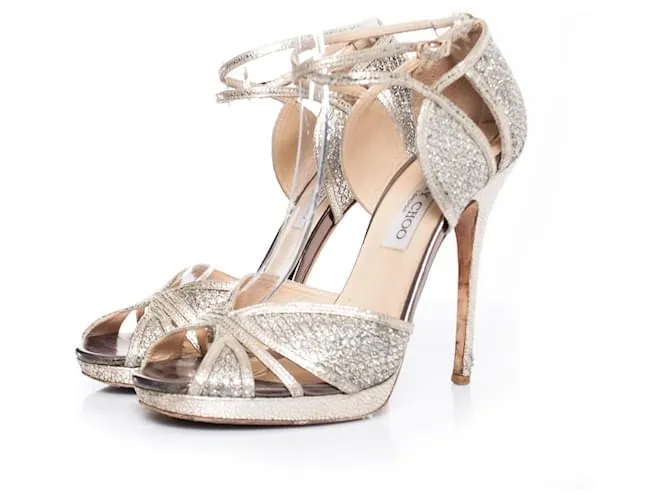 Jimmy Choo, Sandali platform in tessuto glitter. Argento