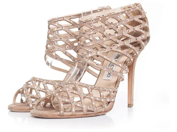 Jimmy Choo, sandali con gabbia di strass tagliati al laser Marrone