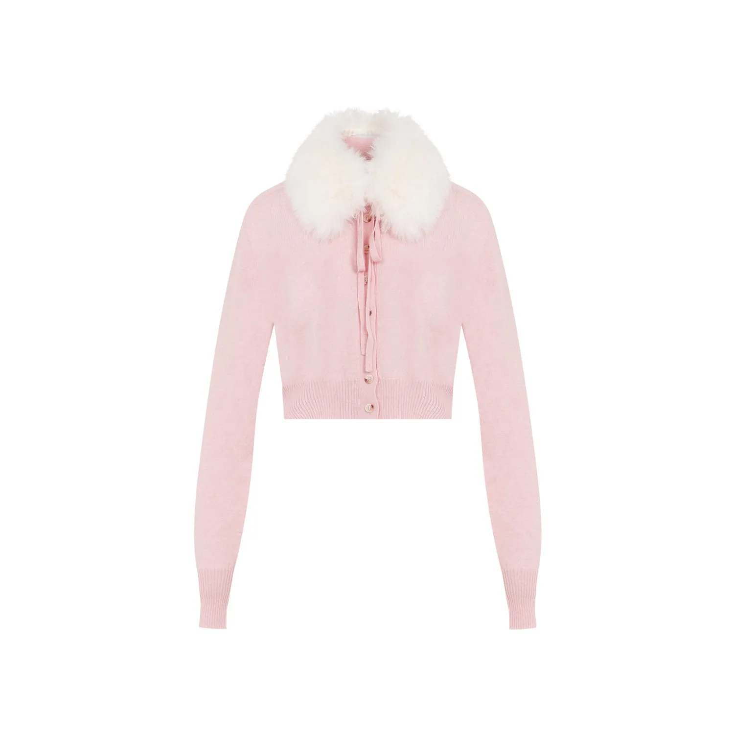 Pink Virgin Wool Sport Cardigan Fake Fur Removable Neck