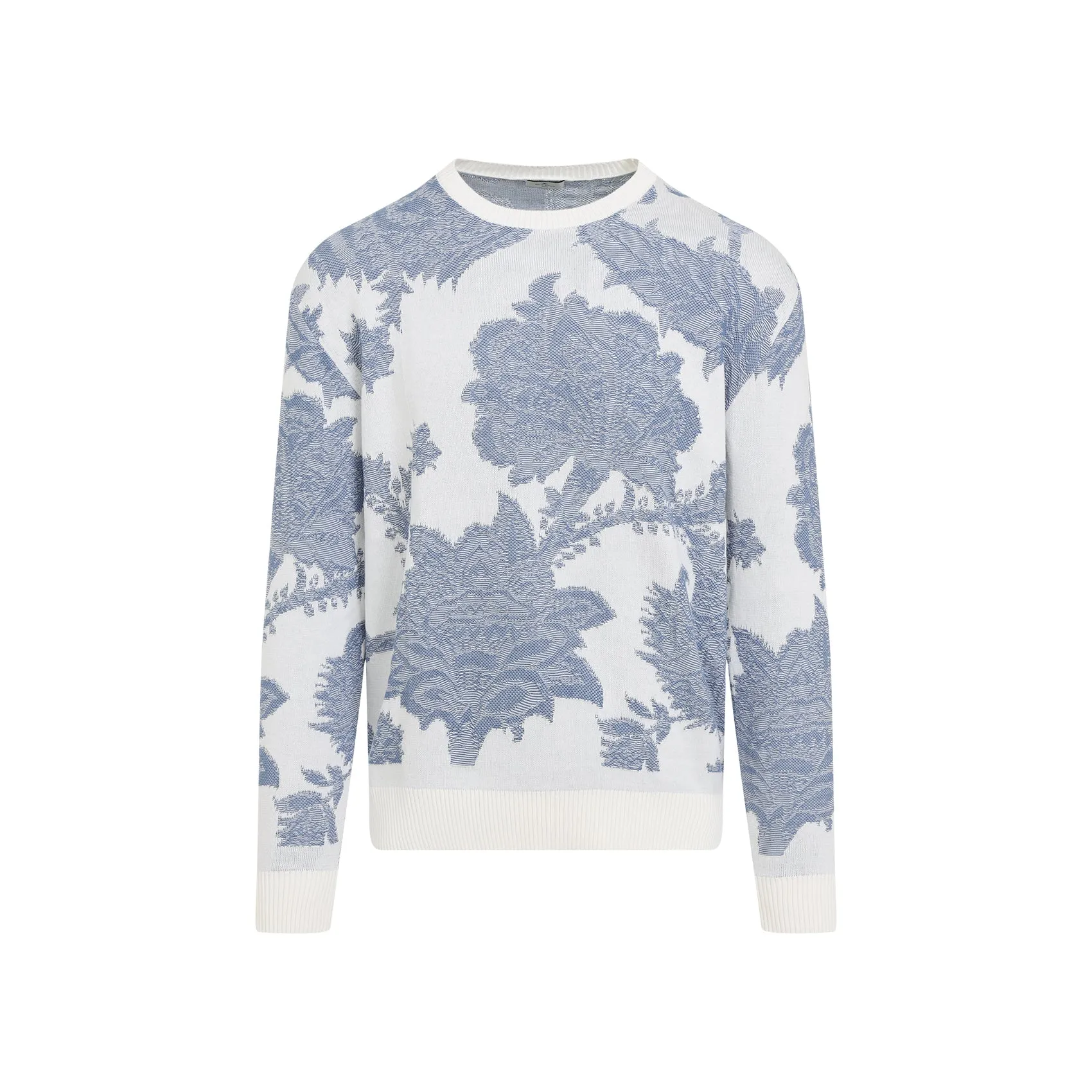 White And Blue Knitted C-Neck Cotton Pullover