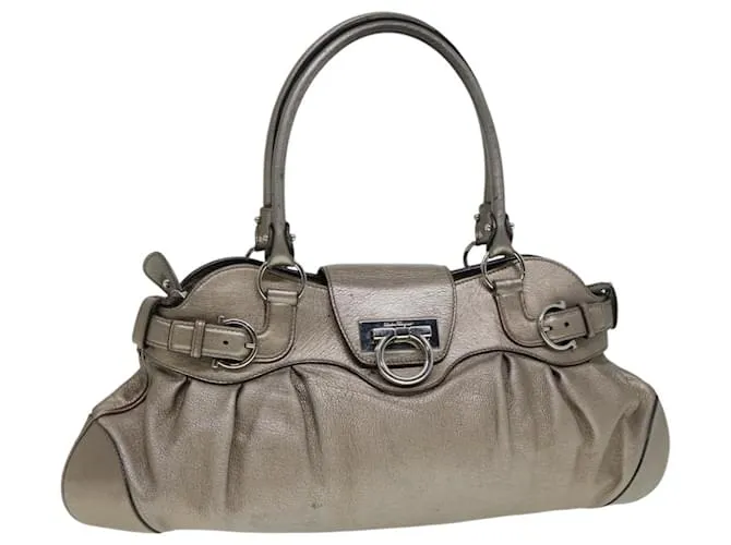 Borsa a Spalla Gancini in Pelle Salvatore Ferragamo, Tonalità Oro Argento Autentica 89432