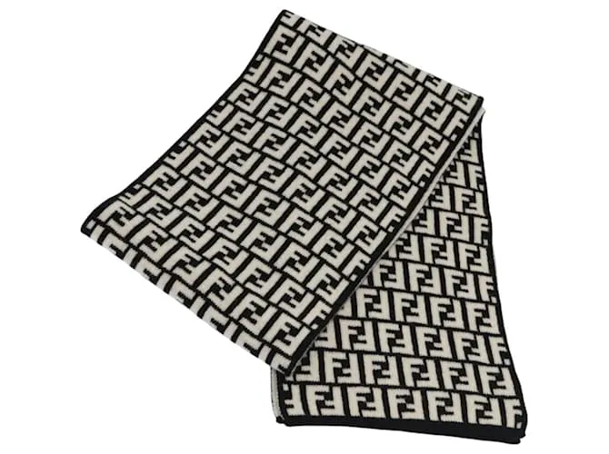 FENDI Sciarpa in tela Zucca in lana nera Auth am6975 Nero