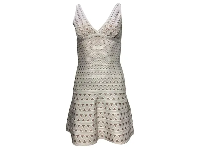 Abito mini V-neck Chevron Herve Leger in rayon bianco e marrone