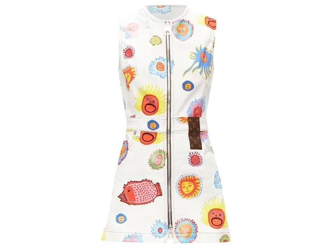 Abito zip in denim monogramma con volti di sole Yayoi Kusama di Louis Vuitton Bianco
