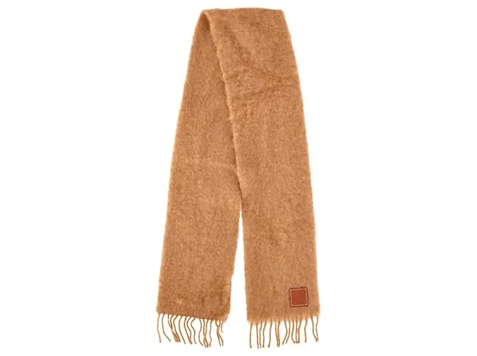 Sciarpa frangiata in mohair marrone con logo Loewe applicato Rosso