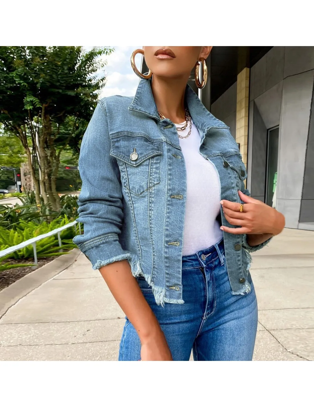 2022 New Women Fashion Casual Flap Long Sleeve Single Breasted Pocket Ripped Hem Denim Jacket Coat Autumn Winter