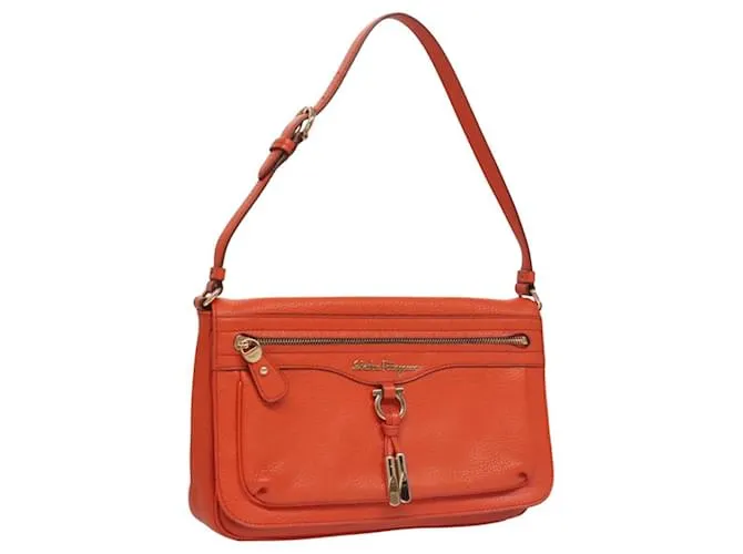Borsa a spalla Gancini in pelle arancione Salvatore Ferragamo Auth 113031