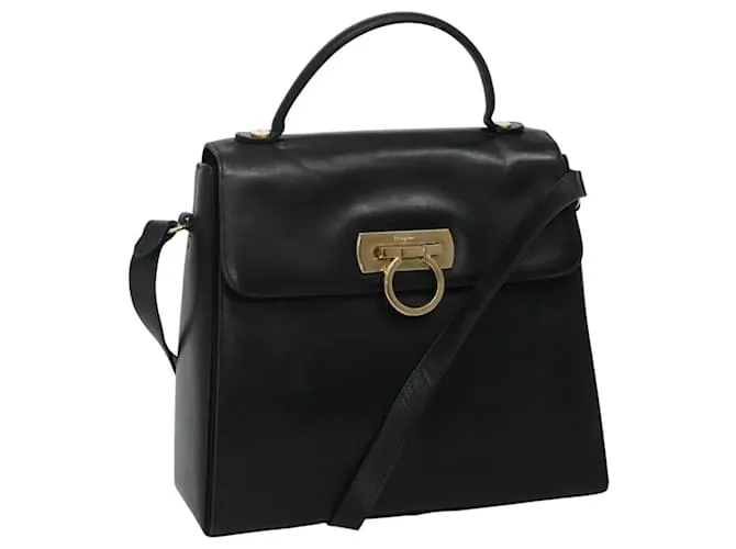 Borsa a mano in pelle Gancini di Salvatore Ferragamo 2 vie nera oro Auth 110218 Nero D'oro