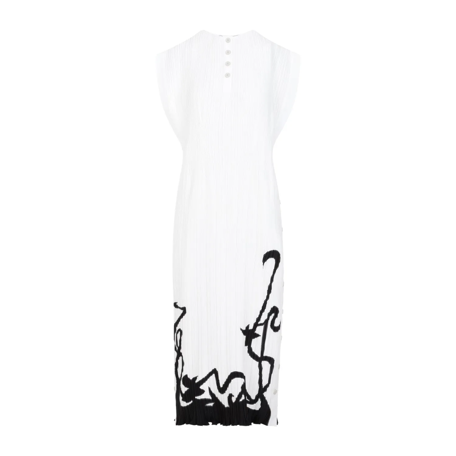 Off White Sleeveless Pleated Polyester Midi Dress