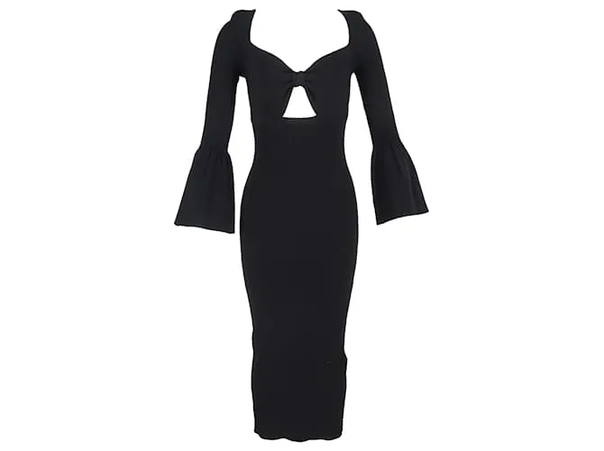 Self portrait Abito midi a coste con scollatura a cuore in viscosa nera Nero