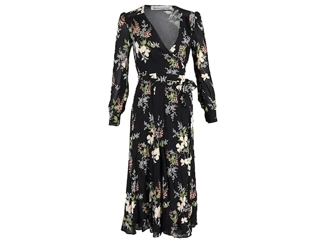 Abito midi avvolgente floreale Reformation in viscosa nera Nero