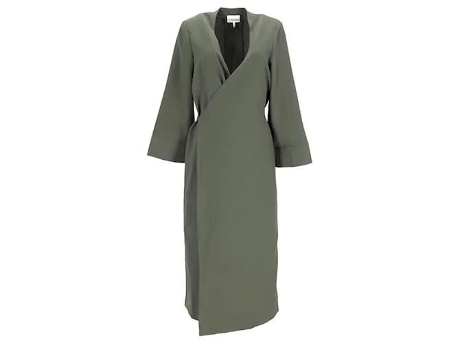 Abito midi avvolgente in crepe Ganni in poliestere verde militare Verde oliva
