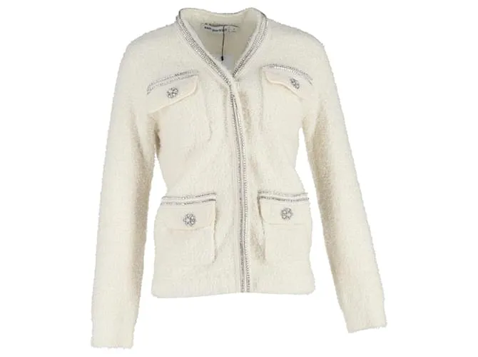 Self portrait Cardigan in bouclé lavorato a maglia bianco in poliammide con autoritratto abbellito Crudo