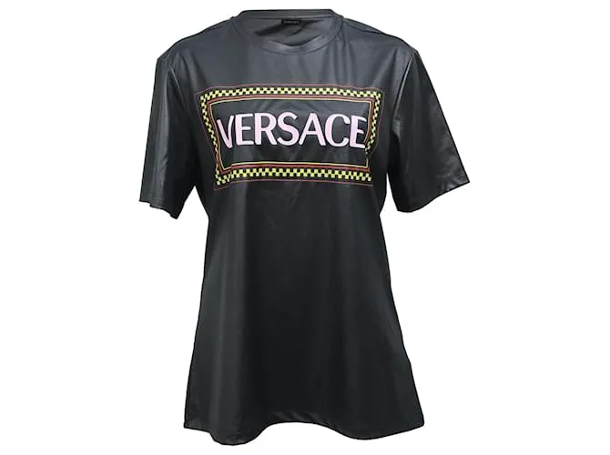 T-shirt in poliestere nero con stampa logo Versace