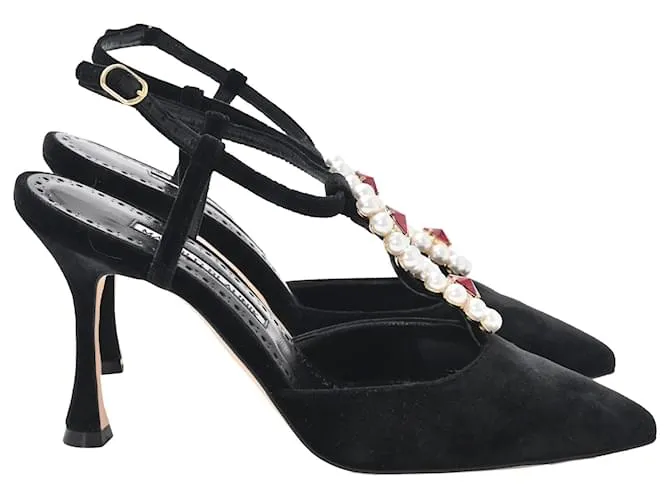 Manolo Blahnik Mabala 90 Décolleté Decorati in Velluto Nero