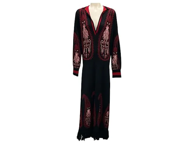 Abito in maglia di cotone con motivi indiani paisley nero / rosso di Johanna Ortiz