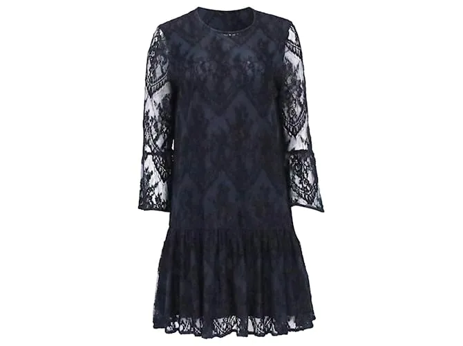 Abito Mini in Pizzo Ricamato con Volant Ganni in Viscosa Blu Navy Nero