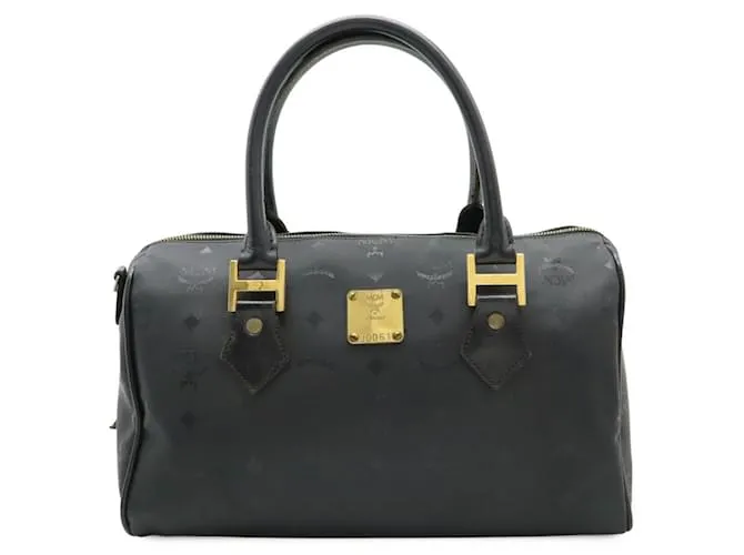 Borsa a mano MCM Logo Mini Boston in pelle PVC nera Nero