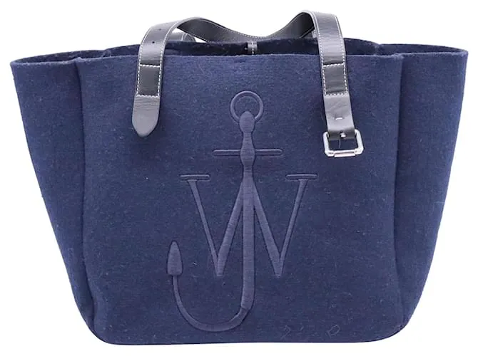 Borsa tote in lana blu navy con logo ricamato JW Anderson