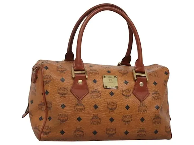 Borsa Boston MCM Logogram Vicetos in pelle PVC marrone e oro Auth BA4039 D'oro