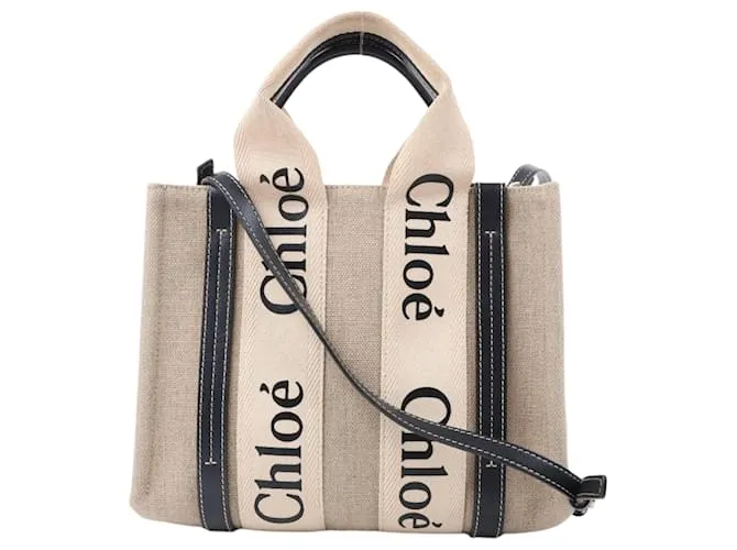 Borsa Chloé Woody Small in tela e pelle 2 in 1 beige e nera