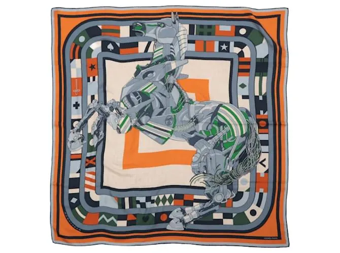 Sciarpa Hermès Carré 100 "ROBOCABAR" in cashmere e seta blu x arancione