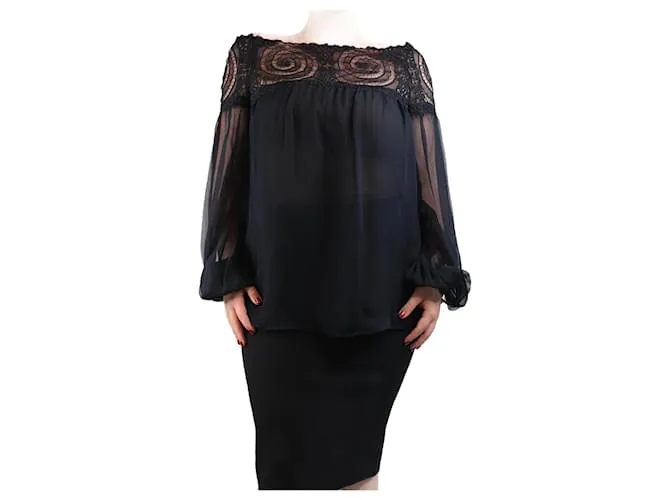 Zuhair Murad Blusa nera in pizzo trasparente con bordo - taglia UK 14 Nero