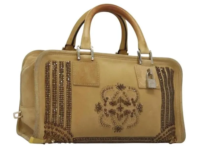 LOEWE Amazona 30 Borsa a Mano Camoscio Beige Argento Auth 136044