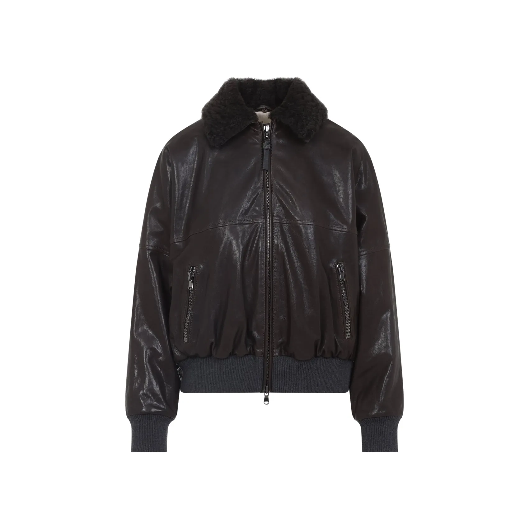 Coffee Brown Leather Shearling Collar Jacket