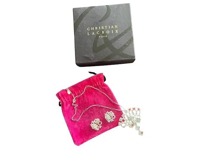 Set di pendente e orecchini a clip vintage Christian Lacroix in metallo bianco, strass e perle Multicolore