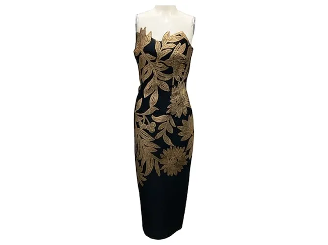 Abito colonna senza spalline in jacquard nero e oro di Lela Rose