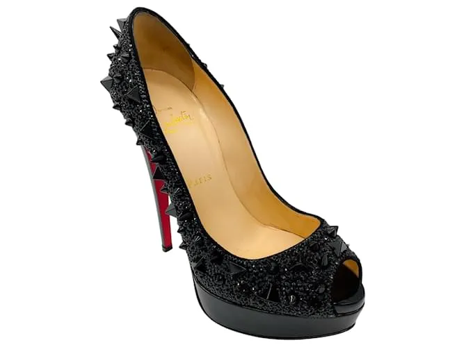 Christian Louboutin VERSIONE RARA Nero Very Mix 150 Pot Pourri Pelle di Vitello Verniciata Décolleté con Piattaforma e Punta Aperta