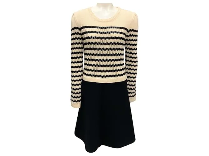 Valentino Garavani Abito in maglia di lana e crepe a righe avorio / nero RED Valentino Crudo