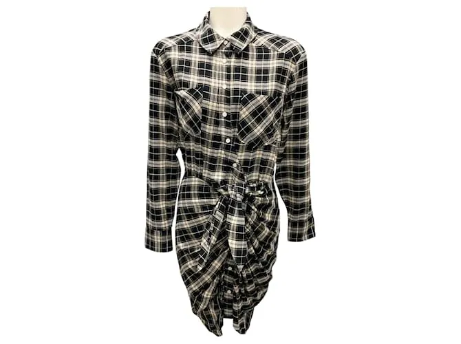 Abito camicia arricciato in flanella a quadri nero / ecru Sierra di Veronica Beard