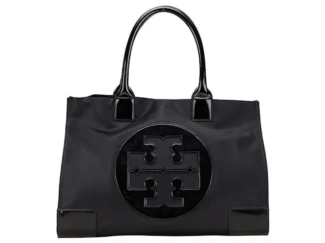 Borsa tote in nylon con logo Tory Burch in pelle verniciata Nero