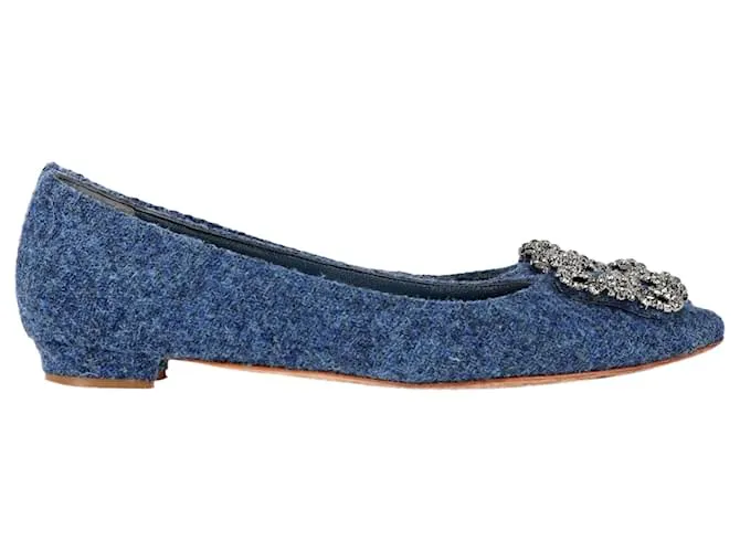 Manolo Blahnik Hangisi Ballerine Decorate in Tweed Blu Blu chiaro
