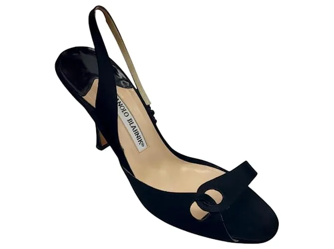 Sandali slingback in satin nero Manolo Blahnik
