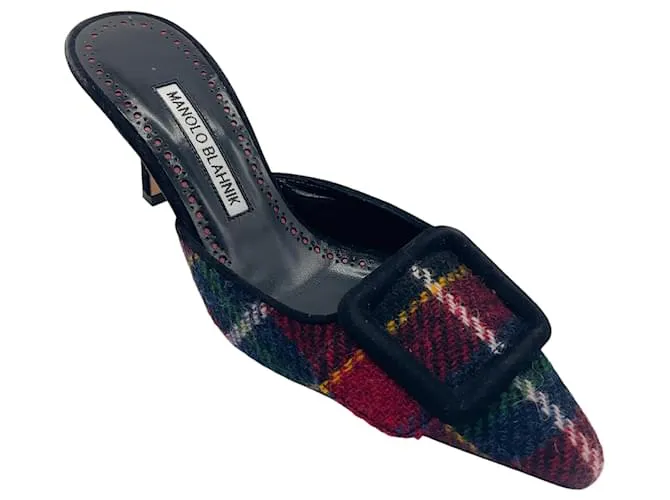 Mules Maysale 70 in tweed tartan di lana multicolore rossa di Manolo Blahnik