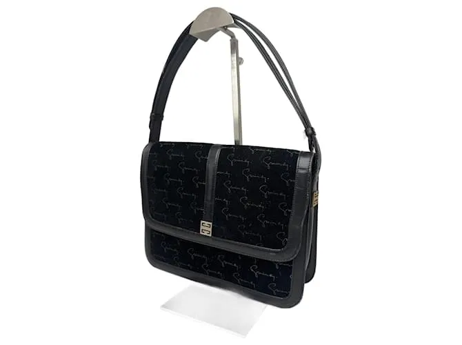 Borsa monogramma in lana e pelle Givenchy vintage nera e marrone Nero