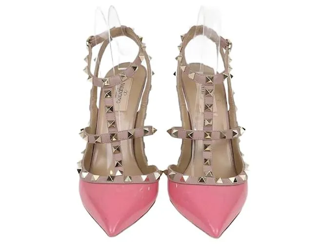 Sandali con cinturino alla caviglia Rockstud in vernice rosa/beige Valentino