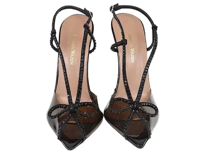 Autre Marque Andrea Wazen Décolleté Kay a Punta Affilata in Vernice Nera Decorati con Cristalli Nero