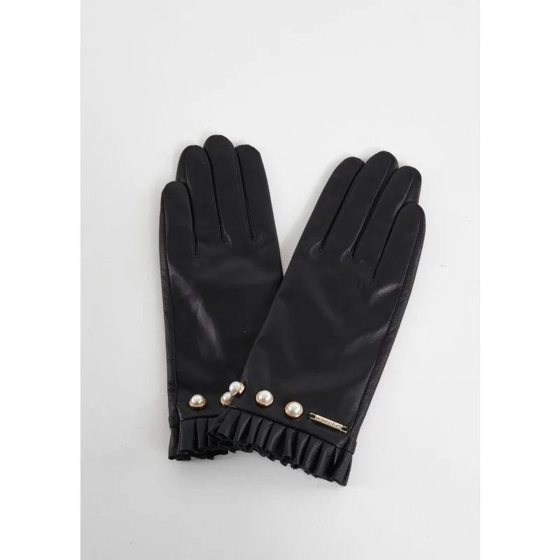 Guanti neri in pelle con perle