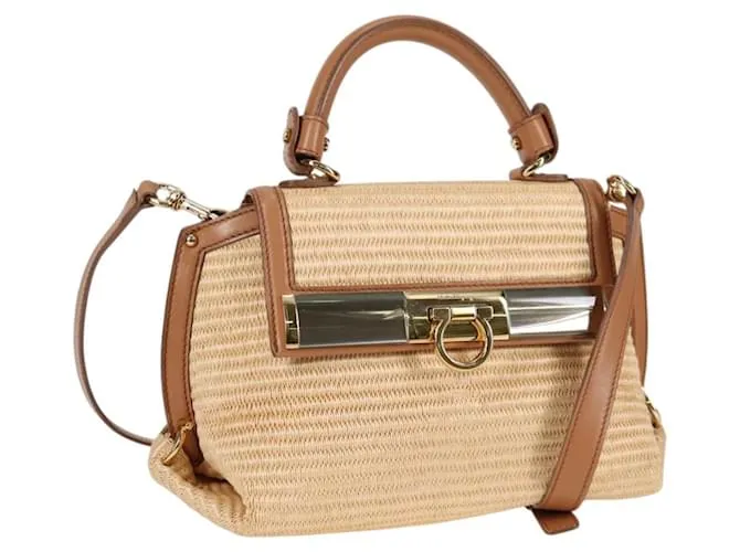 Borsa a mano Gancini in pelle di rafia Salvatore Ferragamo 2 in 1 Beige Oro Auth 135666M D'oro