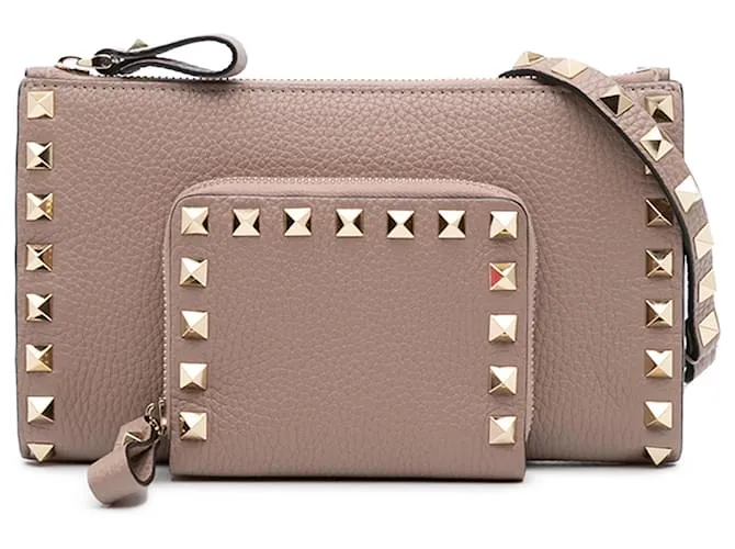 Portafoglio Valentino in pelle marrone Rockstud con pochette per monete Beige