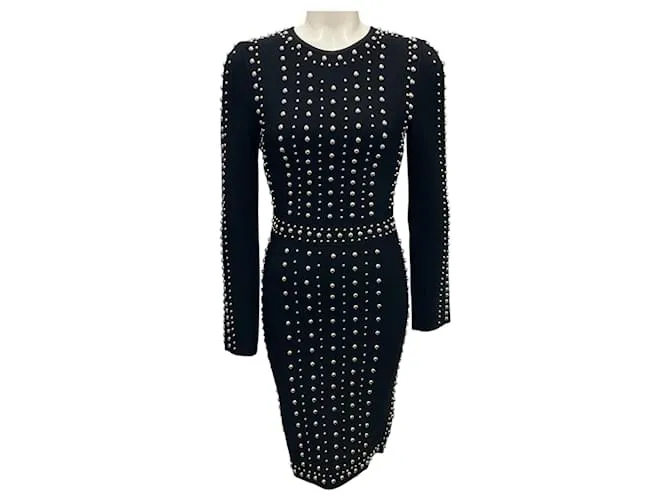 Abito Bandage a Maniche Lunghe Nero / Argento con Decorazioni a Borchie Herve Leger