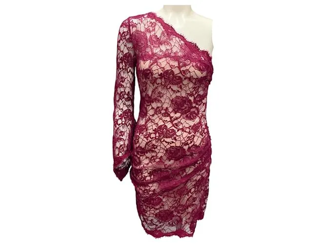 Abito da cocktail mini in pizzo bordeaux a spalla unica Emilio Pucci Bordò