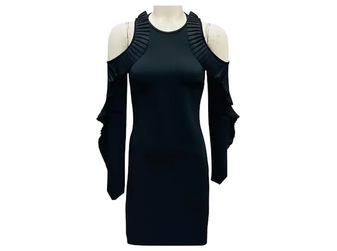 Abito cocktail mini in nylon elasticizzato nero con volant e spalle scoperte di David Koma